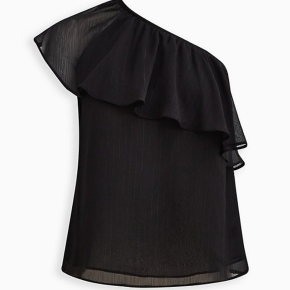 NEW Torrid Black One Shoulder Ruffle Crinkle Metallic Chiffon Blouse Size 0X - Picture 2 of 11